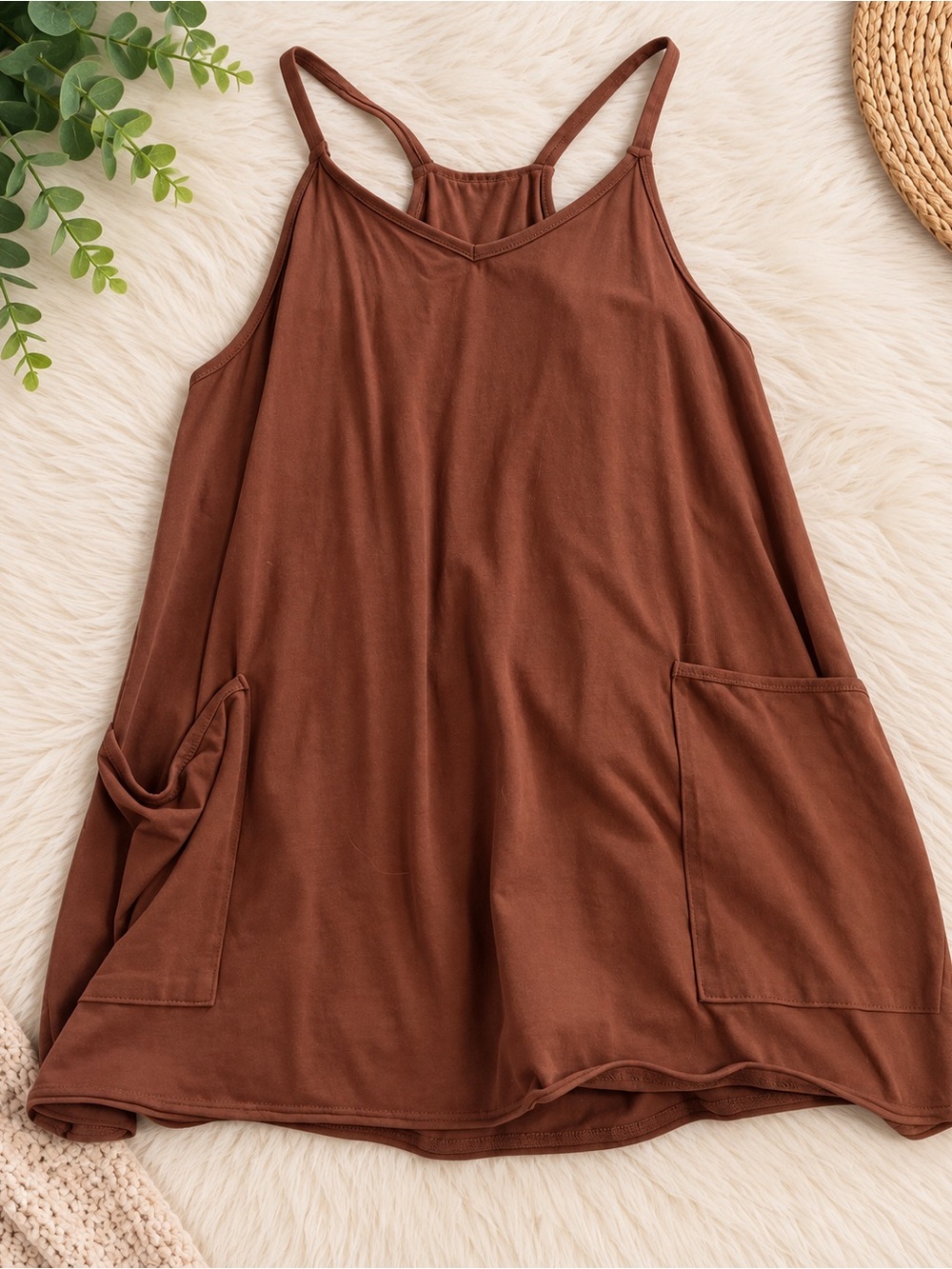 Burnt Orange Pocket Romper | Flowy Strappy Casual One Piece